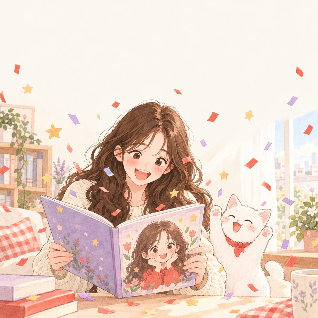 自分のキャラクターが表紙の絵本をひらく女性のイラスト